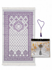 AzeemQuest Muslim Prayer Rug Janamaz Gift Set with Prayer Beads - Cream & Purple picture