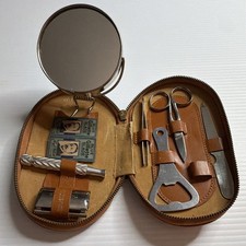 Vintage Gillette Travel Shaving Set Leather Zip Case Mirror 1930’s Razor Blades picture