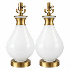 Pair White Opaline Glass Teardrop Table Lamps Antique Brass Finish 3-Way Modern picture