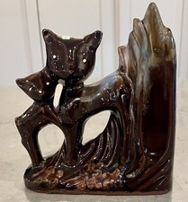 Vintage Brown Drip Glaze Redware Doe And Fawn Deer Bud Vase Figurine picture