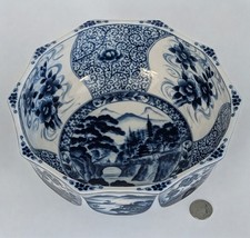 Large 9” Vintage Japanese Blue White Porcelain Bowl Floral Village Signed picture