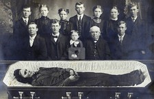 Family Group around Open Coffin, Moundridge Kansas RPPC Photo Postcard Copy picture