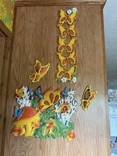 Vintage 1970's Homco Mushrooms Frog Butterfly Hanging Wall Art Plaque 4pc picture