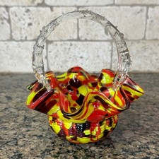 Hand Blown Art Glass Basket Ruffled Rim Red Yellow Spatter Clear Handle Vintage picture