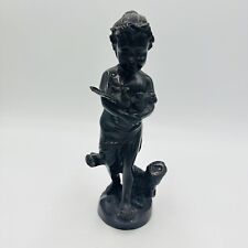 Bronze Sculpture Girl Holding Pigeons 10in Solid Vintage Home Decor Figural picture