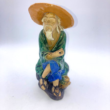 Chinese Mud Man Figurine Fisherman Asian Vintage Handmade Pottery 6.5