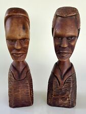 Set Of 2 AFRICAN Hand Carved WOOD Wide-Eyed TRIBAL Male Female  Bust  7 In picture