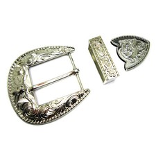 Western Cowboy 3 Piece Buckle Set Engraved Longhorn Fits 1.5 inch 40mm Belts  picture