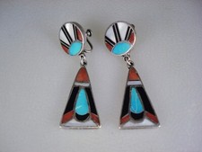 RARE OLD John Gordon Leak ZUNI STERLING SILVER & MOSAIC INLAY EARRINGS picture