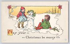 Postcard Christmas Snowman & Young Girls Children Arts & Crafts Style Embossed picture