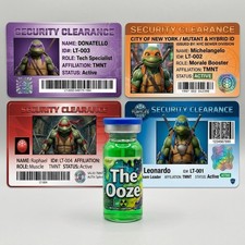 4 TMNT ID cards + The Ooze 10ml Vial- Leonardo, Donatello, Michelangelo, Rapheal picture