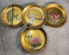 Vintage Zohiko Kyoto Japanese Lacquerware Gold Ground Hand Painted Plates Set 4 picture