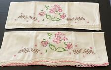 VTG* Handcrafted Pair of  Embroidered Pillow Cases Floral Swag* Pink & Green picture
