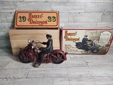 Vintage Harley Davidson 1996 Cast Iron Motorcycle w/ Rider & Wooden Box 1928 Rep picture