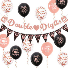 10Th Birthday Decorations Girl - Black Rose Gold Double Digits Banner Happy Birt picture
