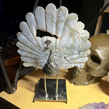 White & Silver Metal Peacock Figurine, Metallic Finish, Crystal Fan Display picture