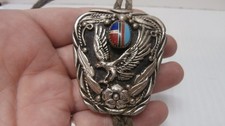 S.S.I. Diamond Cut Pewter Bolo Tie Flying Eagle Turquoise Red Coral USA Vintage picture