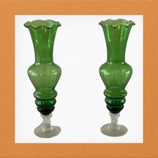 2 Vtg Elegant Green Twisted Clear Glass Pedestal Foot 8