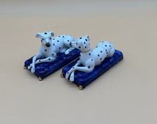 Vintage Staffordshire Style Porcelain Dalmatian Dog Figurines Pair Blue Cushions picture