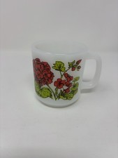 Vintage Glasbake Mug Red Geranium True Friendship Language Flowers Milk Glass picture
