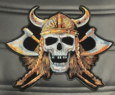 VIKING SKULL WITH AXES LARGE BACK BIKER PATCH IRON ON 12X10 INCH picture