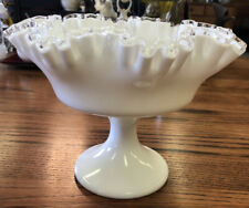 Vintage Fenton Silver Crest White Milk Glass w/ Ruffled Edge Pedestal Candy Dish picture