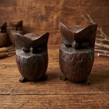 Vintage Hand Carved Wood Owl Figurines Pair Mid Century Modern Folk Art Statues picture