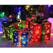 SET OF 3 LIGHTED GIFT BOXES CHRISTMAS DECORATIONS RED GREEN AND BLUE PRESENT BOX picture