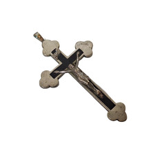Antique Large Nickel Solid Brass Pectoral Crucifix Cross on Ebony 4 Inch picture