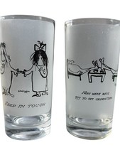 Set of 2 Herb Gardner Humorous Cartoon MCM Frosted Highball Glasses 1955 Mint picture