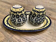 Boleslawiec Polish Pottery Salt and Pepper Shakers Oval Underplate Yellow Blue picture