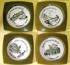 Set of 4 Vintage San Francisco Souvenir Coasters Green Square Plastic Lucite MCM picture