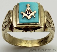RARE Vintage SIGNED 1940's Masonic Natural Turquoise 10k Solid Gold Men's Ring picture