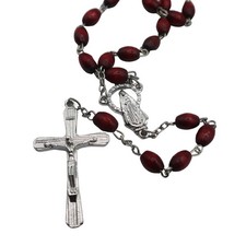 Catholic Burgundy/Brown Oval Wood Bead Rosary picture