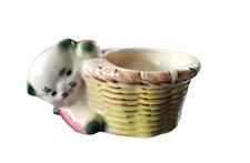 Vintage White Brown Cat Kitten Peeking Around Basket Mini Planter Figurine picture