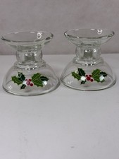 Vintage 1981 Avon Holiday Hostess Collection Glass Candle Holders Holly Set of 2 picture