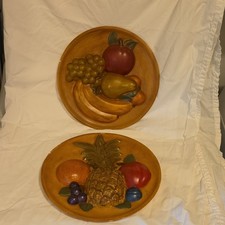 Vintage 1970s Set of 2 Round Wood Fruit Wall Plaques 3D Effect Relief picture