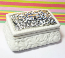 Vintage Silver Tone White Ceramic Floral Design Miniature Trinket Jewelry Box picture