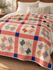 Vintage Queen 30's Butterfly Patchwork Antique Quilt, Solid Blue & Pink Accents picture