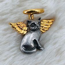 Vtg Pewter Cat Guardian Angel Lapel Pin by CAMCO w/ Gold Tone Wings picture
