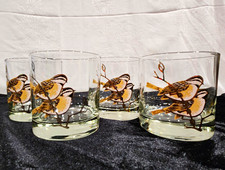 Vintage Couroc Chickadee Lowball Glasses Set of 4 Mid Century Gold Rocks, Signed picture