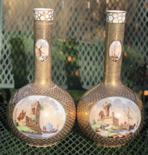 TWO ANTIQUE DRESDEN PORCELAIN VASES HAND PAINTED 24 K GERMAN RARE FINE 19c picture
