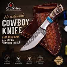 Handmade Rasp Steel Cowboy Knife | Ram Horn & Turquoise Handle, Leather Sheath picture