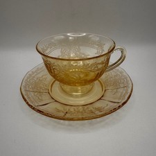 Fostoria June Topaz Depression Glass Cup & Saucer Etched Floral Ribbon Vintage picture