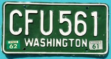 1961 1962 WASHINGTON License Plate #CFU 561 picture