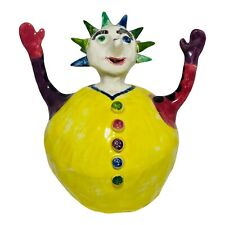 OOAK Clown Art Pottery Signed Rare Abstract Figurine Spiked Hair Mittens Vest picture