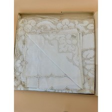 Vintage 1940s Pure Linen Tablecloth Napkins Set NOS Lace Floral White 7pc Set picture