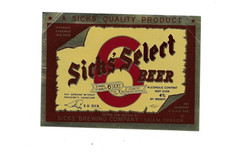 Vintage Sick's Select Beer Label Sick's Brewing Salem OR IRTP Unused picture