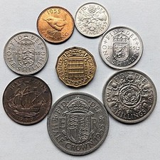 British Queen Elizabeth 1955 Coin Set 8 Types Old Collectible Coins picture