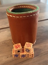 Vintage Stitched Leather Bar Dice Cup Green Felt  4” High w Butterscotch Dice picture